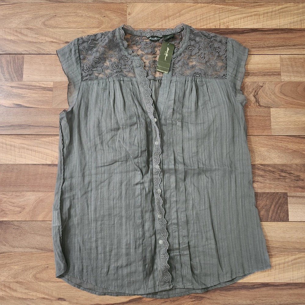 NWT Eddie Bauer Lace Top Sleeveless Tank Shirt Medium Green Olive Layering